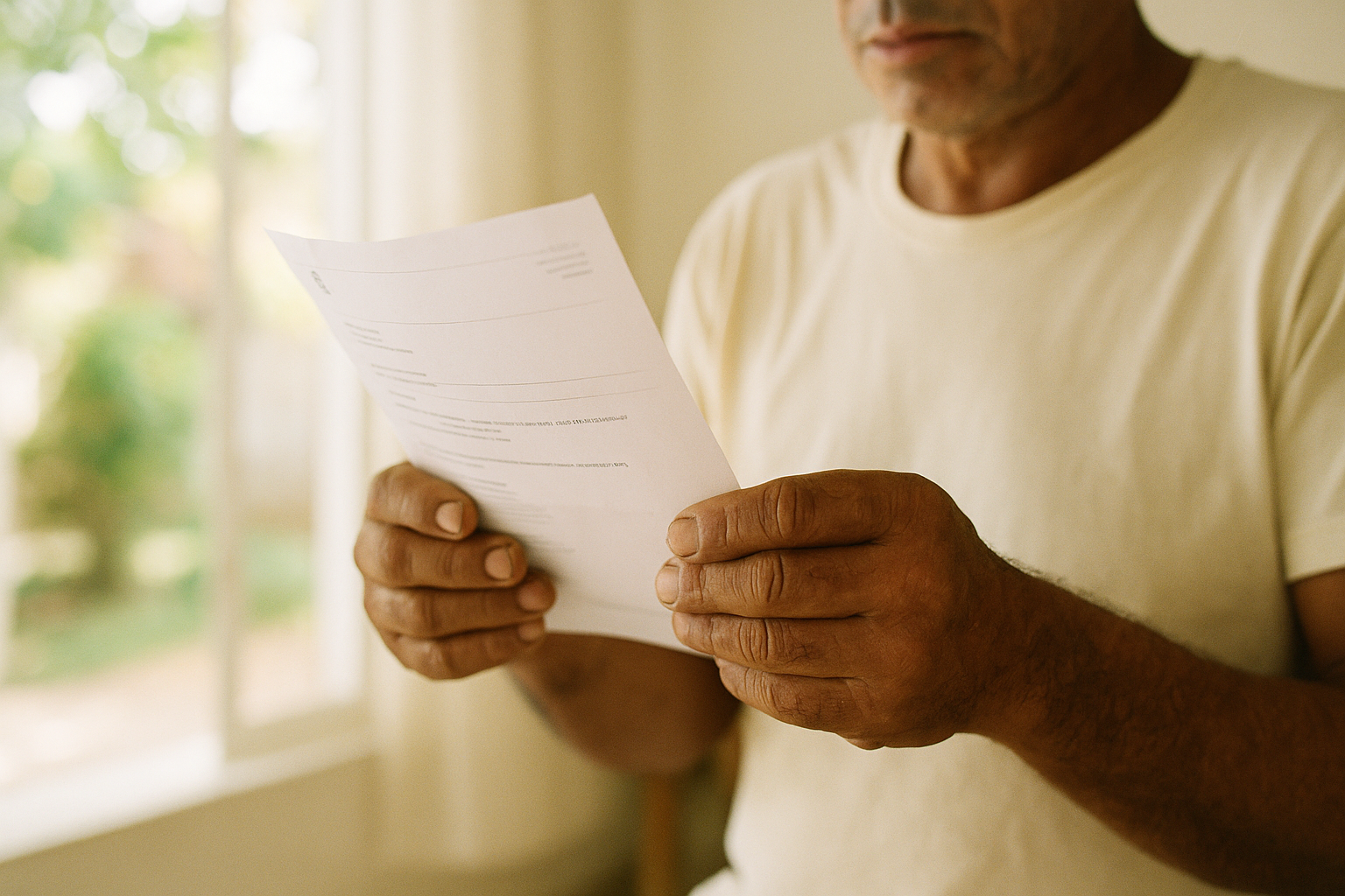 Mãos segurando documento médico com luz natural suave ao fundo