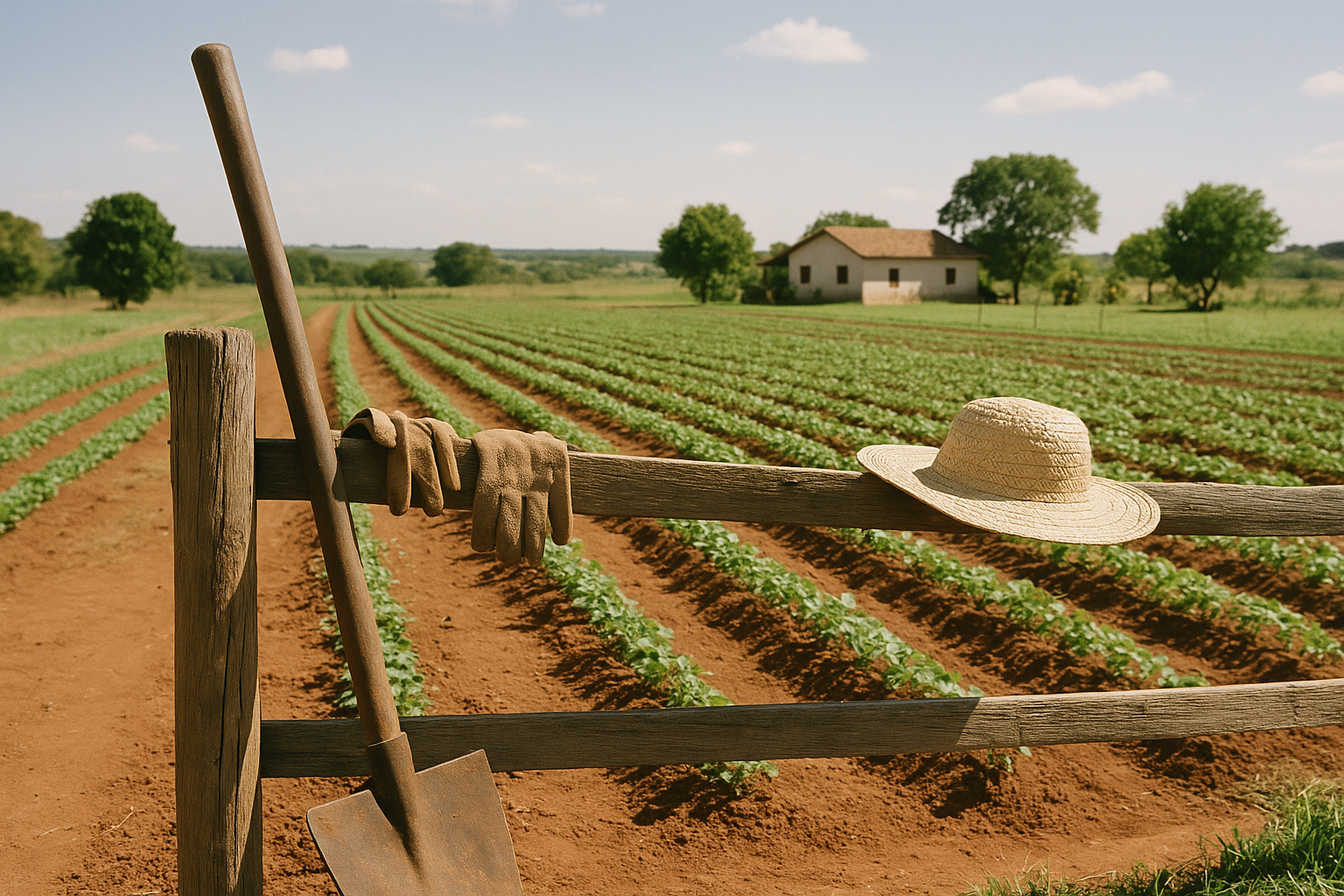 Propriedade rural com fileiras de cultivo, ferramentas agrícolas simples e luz natural suave