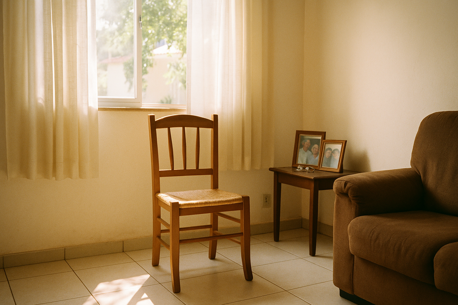 Cadeira vazia ao lado de janela com luz natural, mesa com fotos de família, transmitindo preocupação com proteção familiar