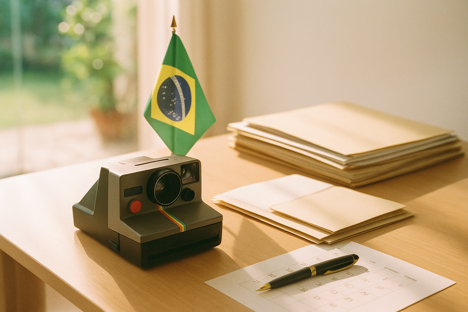 Câmera instantânea e documentos organizados sobre mesa iluminada por luz natural, simbolizando foto comemorativa de aposentadoria aprovada