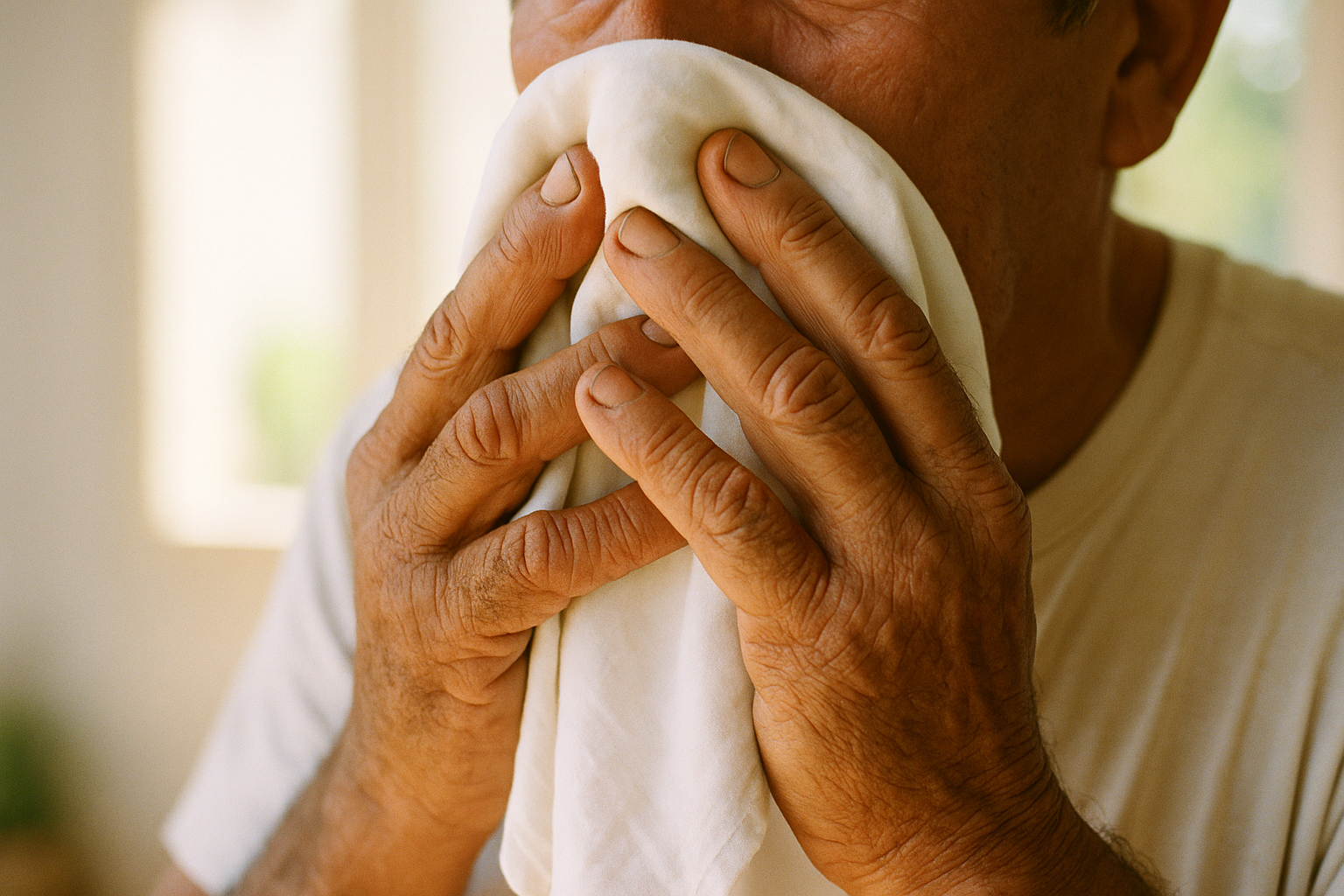 Mãos trabalhadoras segurando tecido branco próximo ao rosto, representando proteção respiratória no ambiente de trabalho