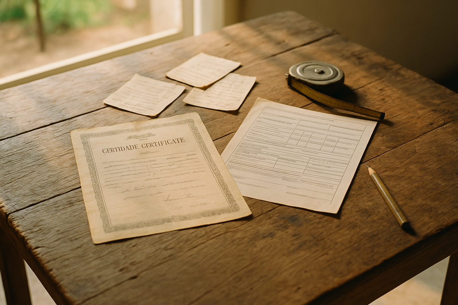 Documentos rurais antigos espalhados sobre mesa de madeira com luz natural, incluindo certidão de casamento e papéis de propriedade rural