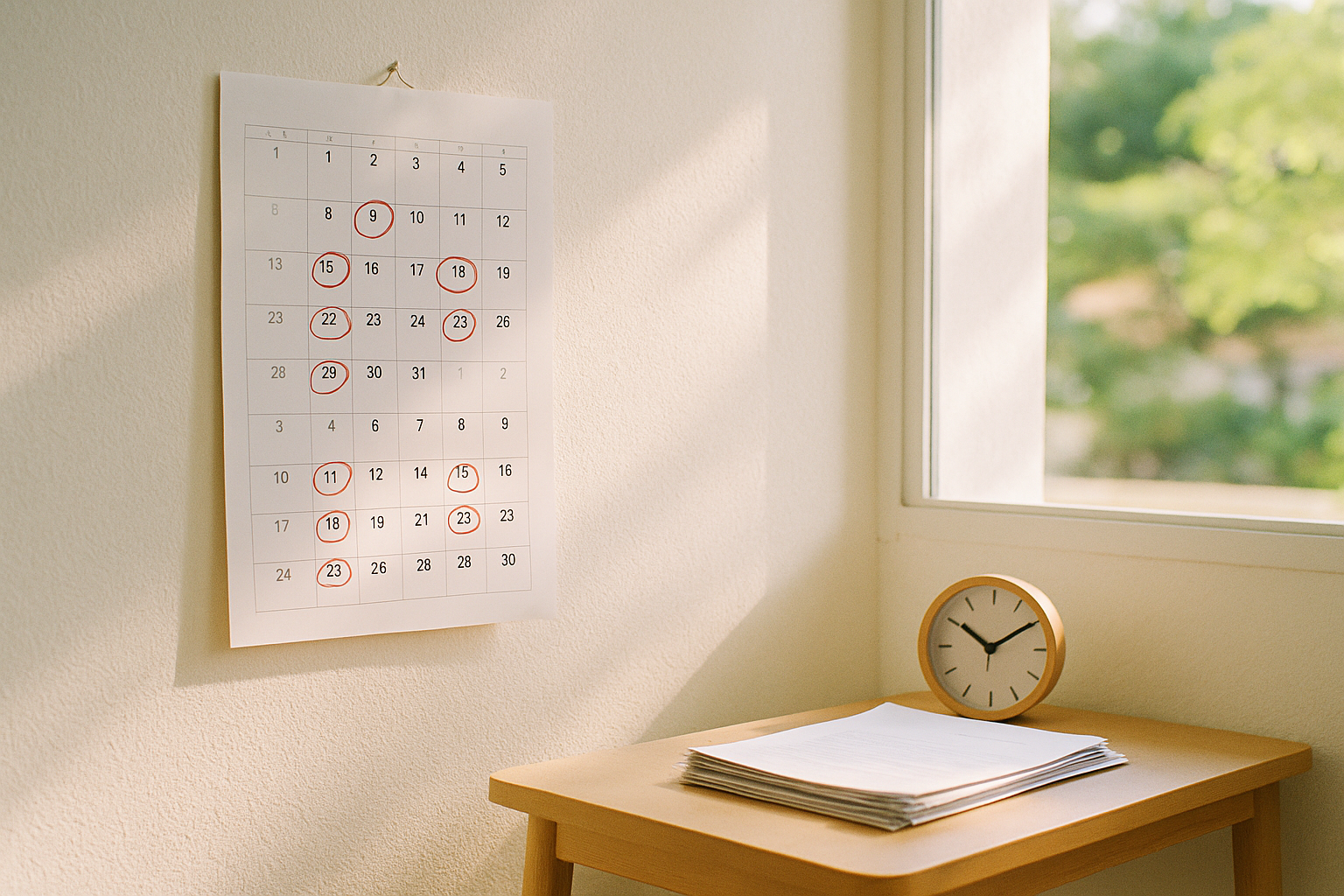 Calendário de parede com datas marcadas em vermelho ao lado de documentos e relógio, representando a importância do tempo em processos jurídicos
