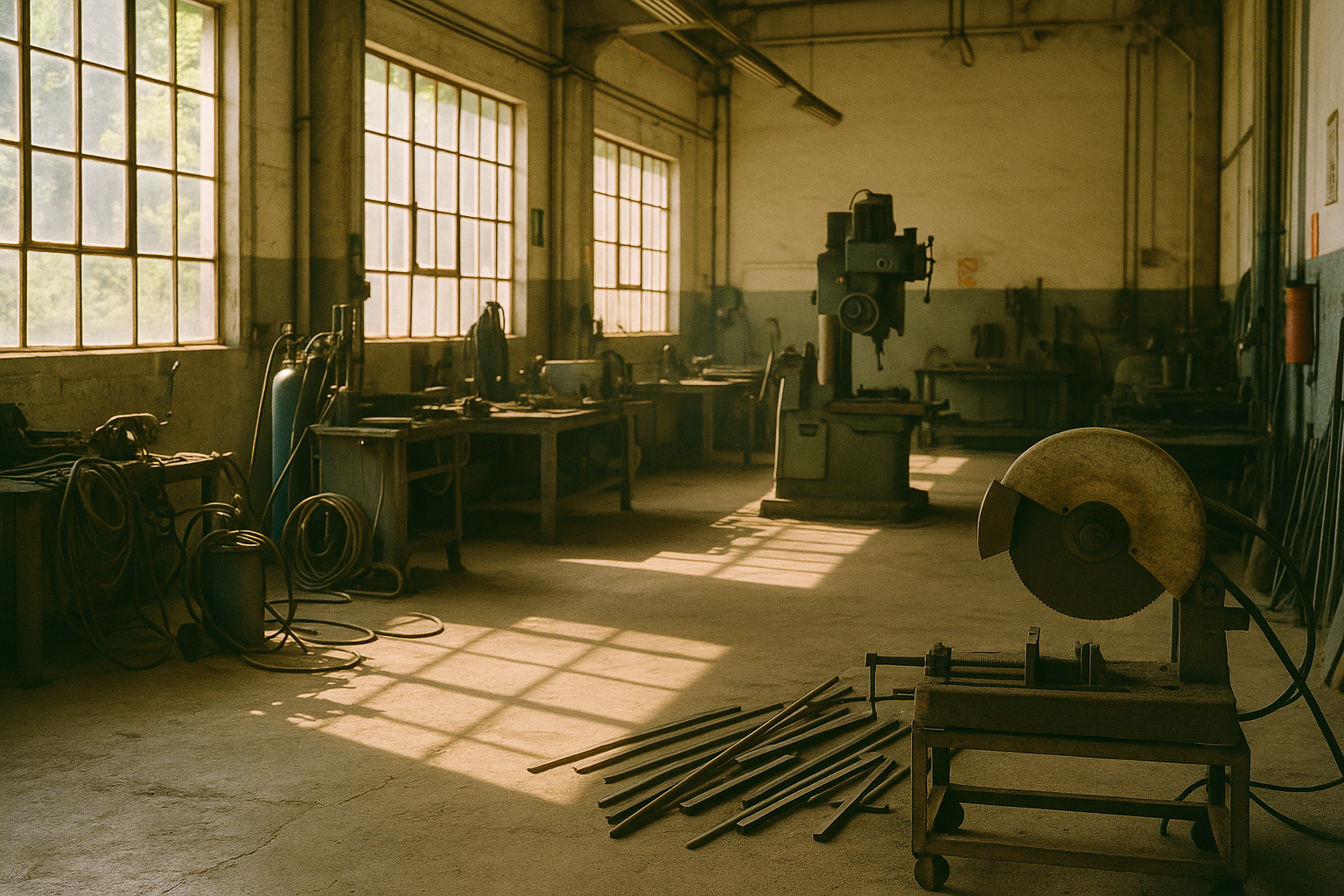 Ambiente industrial com máquinas e equipamentos sob luz natural intensa, representando locais de trabalho em condições especiais