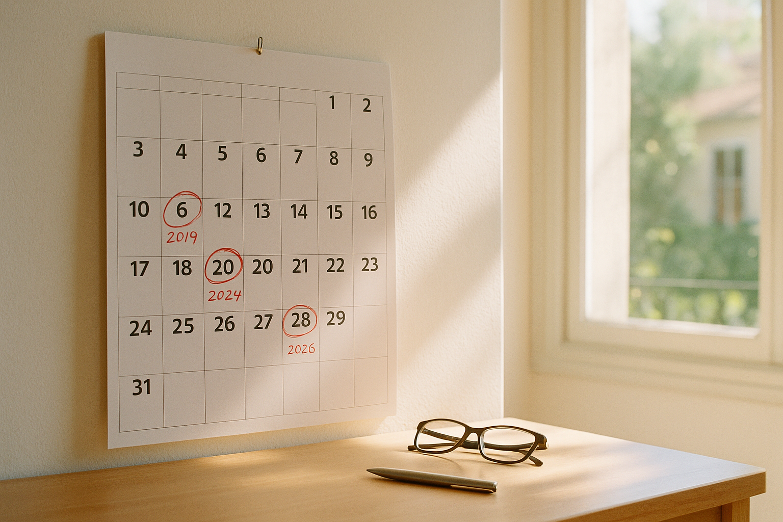 Calendário de parede com datas circuladas em vermelho e anotações sobre anos, óculos de leitura e caneta sobre mesa de madeira com luz natural