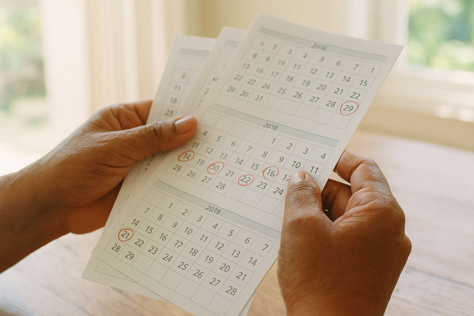Mãos segurando calendário com datas circuladas em vermelho, representando o cálculo do pedágio 100% na aposentadoria