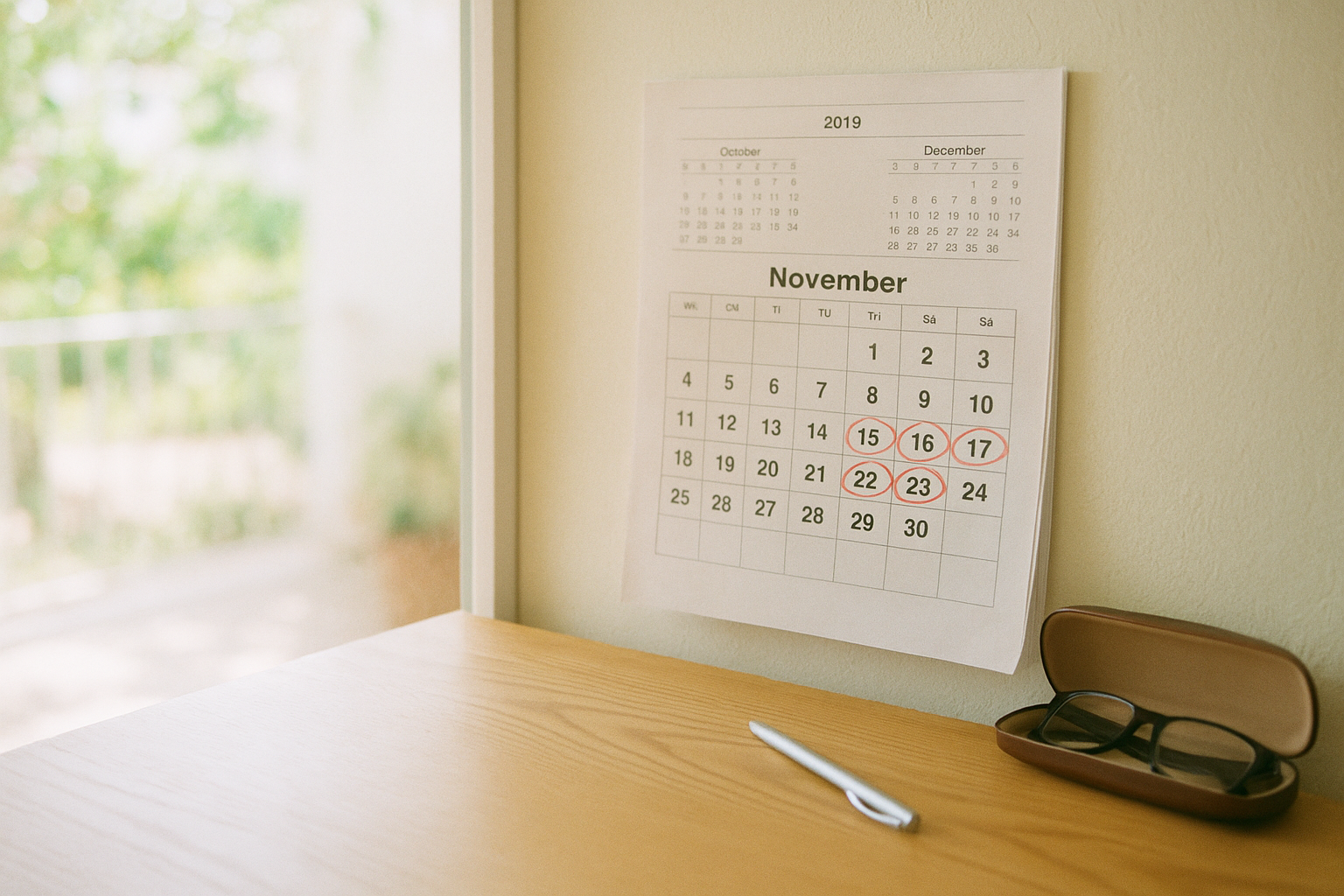 Calendário de parede com datas marcadas em círculo vermelho, representando prazos importantes para aposentadoria em 2019