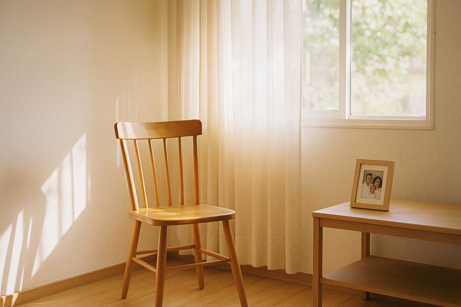 Cadeira vazia ao lado de janela com luz natural suave e foto de família sobre mesa lateral