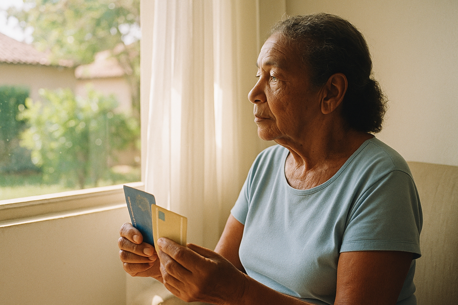 Mulher idosa sentada junto à janela, segurando documentos de benefícios, com luz natural suave