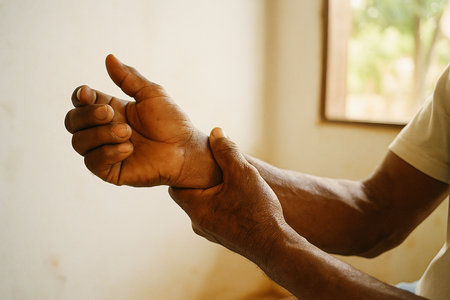 Mãos de trabalhador brasileiro segurando o próprio punho com expressão de dor, à luz natural de uma janela.