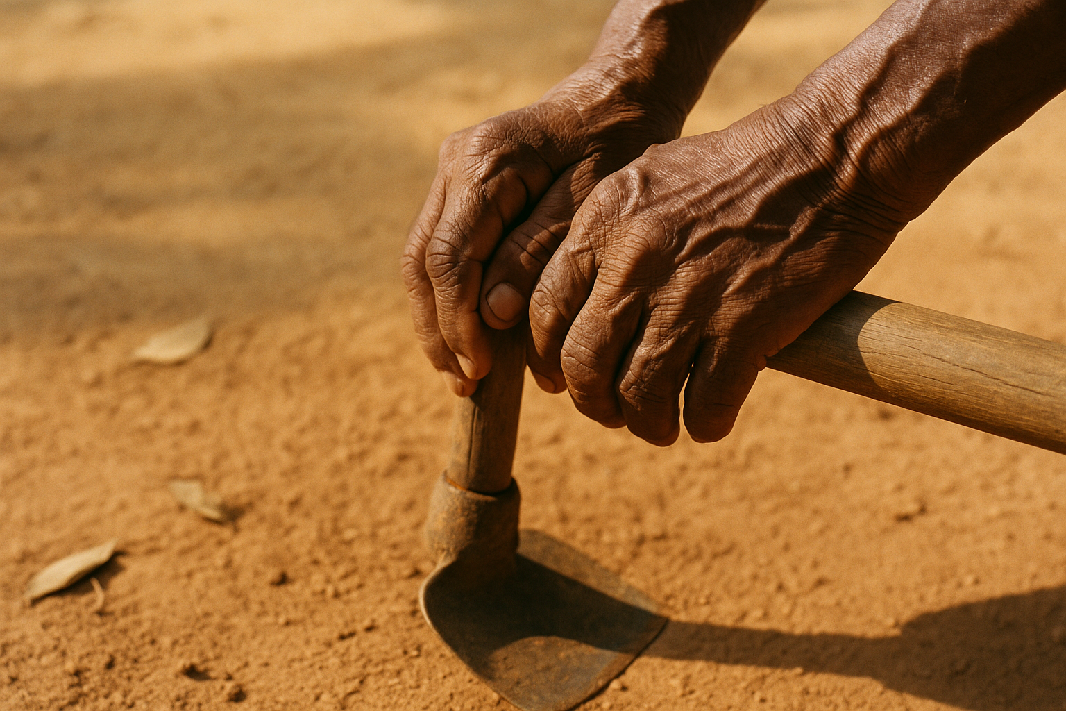 Mãos envelhecidas de trabalhador rural segurando uma enxada sobre terra vermelha seca ao sol da manhã.