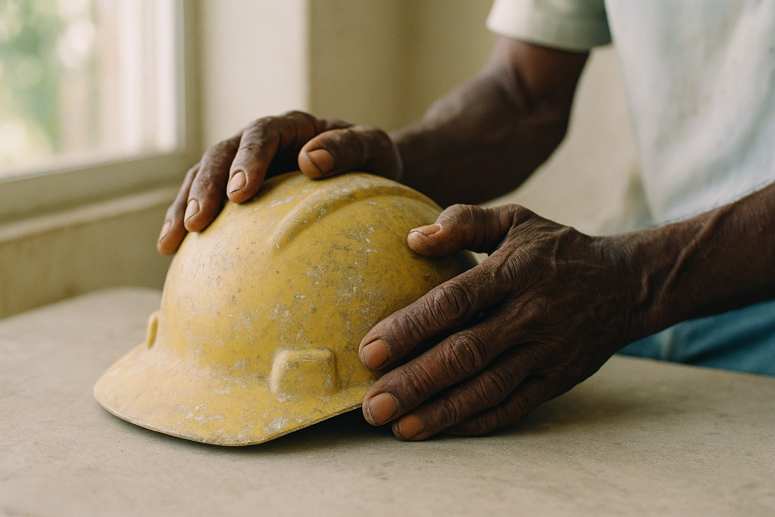 Mãos calejadas de trabalhador segurando capacete de segurança amarelo desgastado sobre superfície de concreto.