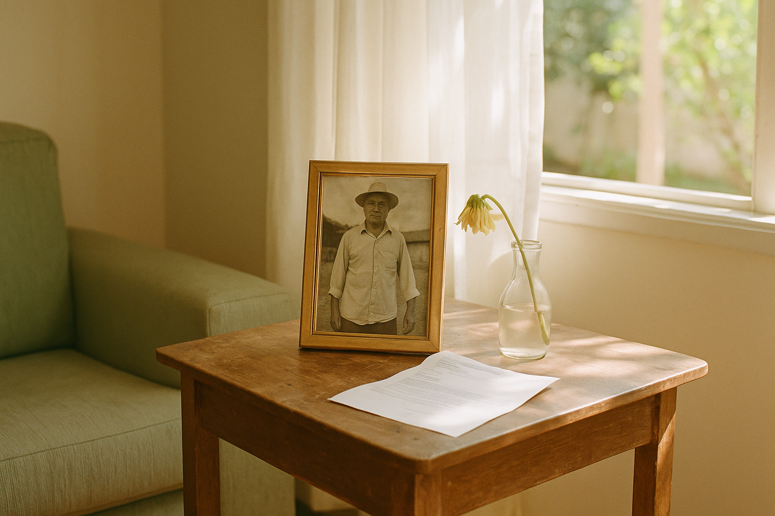 Mesa de madeira com foto emoldurada de homem mais velho em roupas de trabalho, carta do INSS e flor murchando em copo de vidro, iluminados por luz natural.