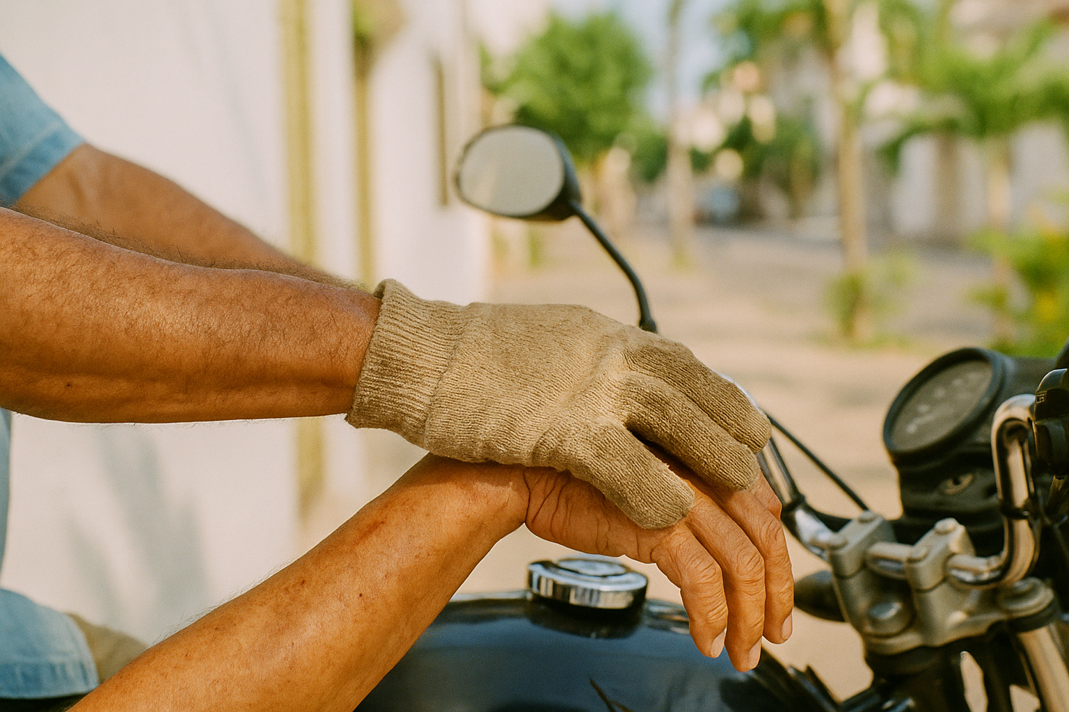 Mãos de trabalhador sobre o guidão de uma moto estacionada em rua brasileira ensolarada, com cicatriz visível no pulso.