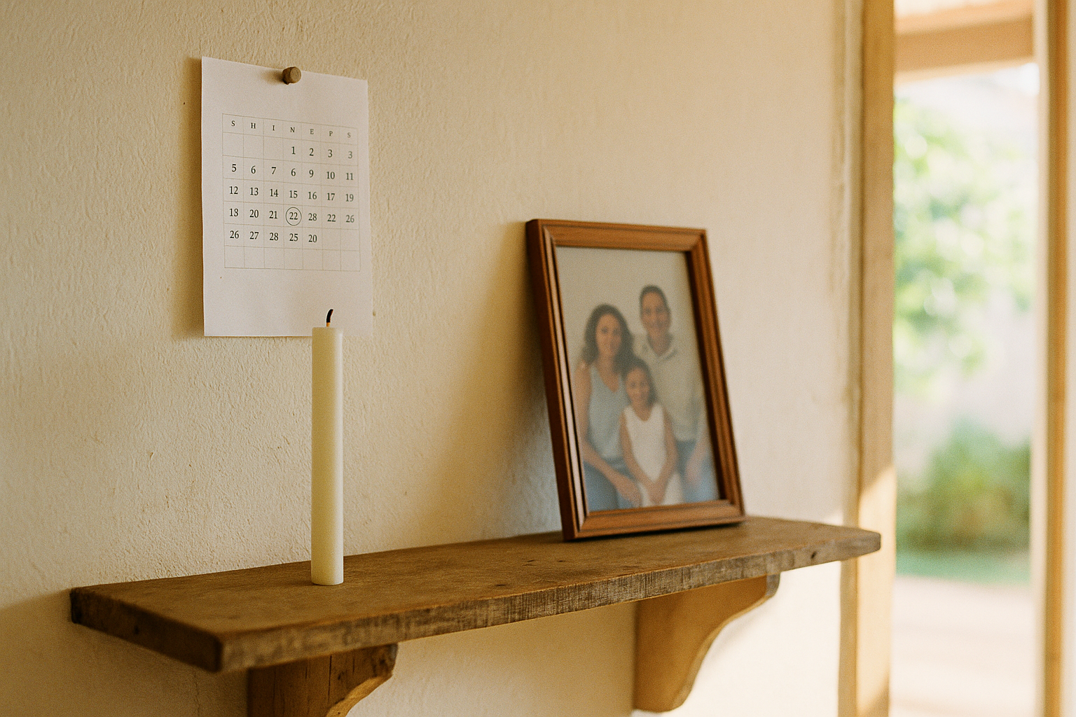 Calendário com data circulada em caneta, porta-retrato desfocado ao fundo e luz natural suave em interior residencial brasileiro.