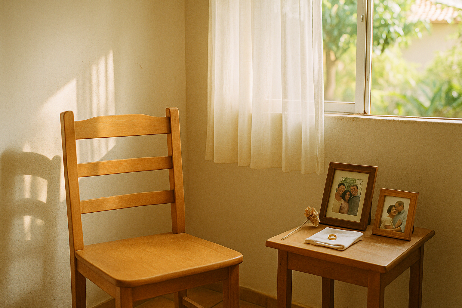 Cadeira de madeira vazia iluminada pela manhã, com fotos de família e aliança sobre mesa lateral em casa simples.