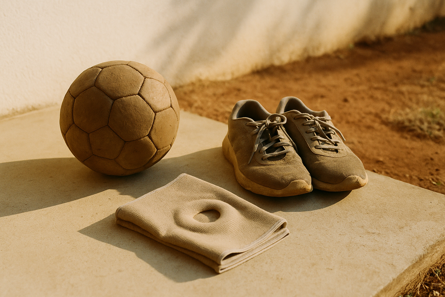 Bola de futebol surrada, chuteiras empoeiradas e uma joelheira médica sobre concreto ao sol, remetendo a acidente durante lazer.