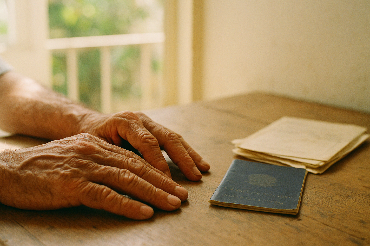 Mãos envelhecidas de trabalhador apoiadas sobre mesa de madeira, ao lado de carteira de trabalho e documentos médicos antigos.