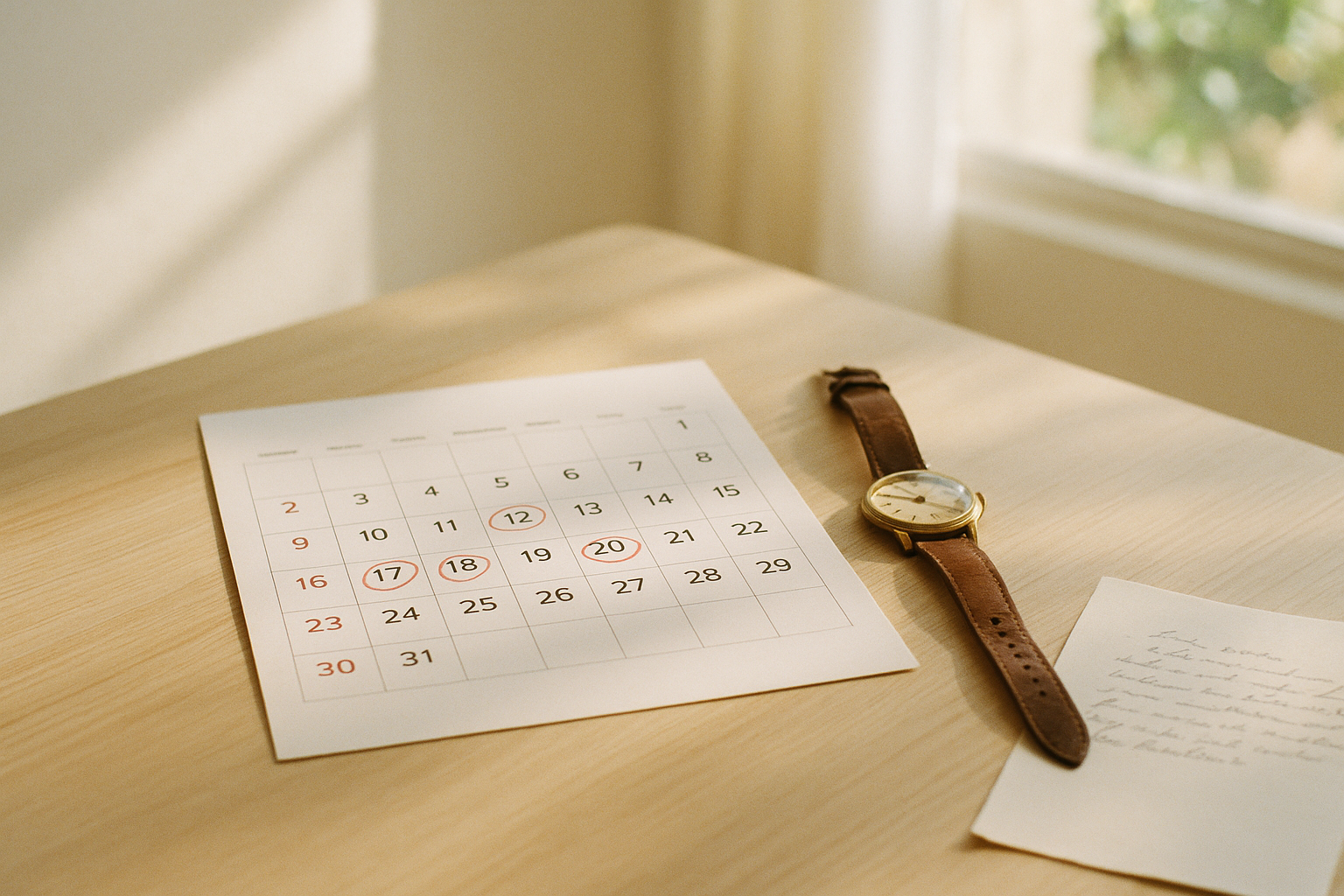 Calendário com datas marcadas em vermelho e relógio de couro ao lado, representando os prazos de um processo no INSS.